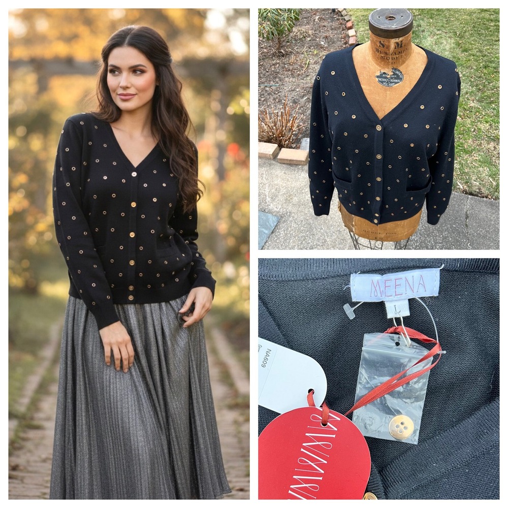 New Meena Black Cardigan Women Studded Grommet Wool
Knit Large Edgy Grunge NWT‎